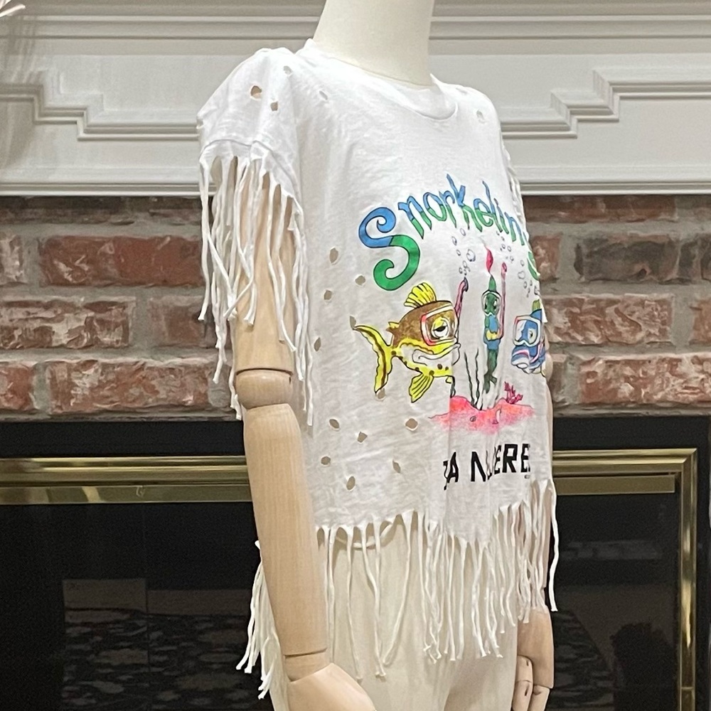 Salsa Calienté “Snorkling Isla Mujeres” distressed fringed crop top / L / EUC - Picture 4 of 11